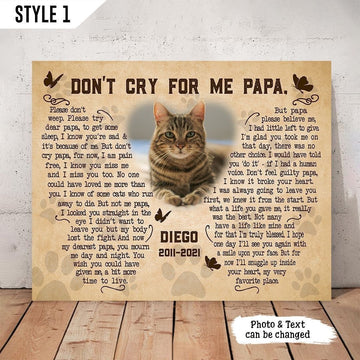 Don't Cry For Me Papa Cat Poem | Custom Cat Memorial Canvas Print | Butterfly Shape