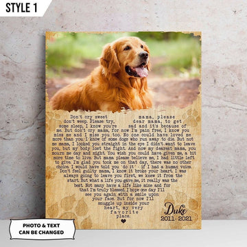 Don't Cry Sweet Mama Dog Poem | Custom Dog Memorial Canvas Print | Heart Shape