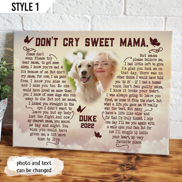 Don't Cry Sweet Mama Dog Poem | Custom Dog Memorial Canvas Print | Butterfly Shape
