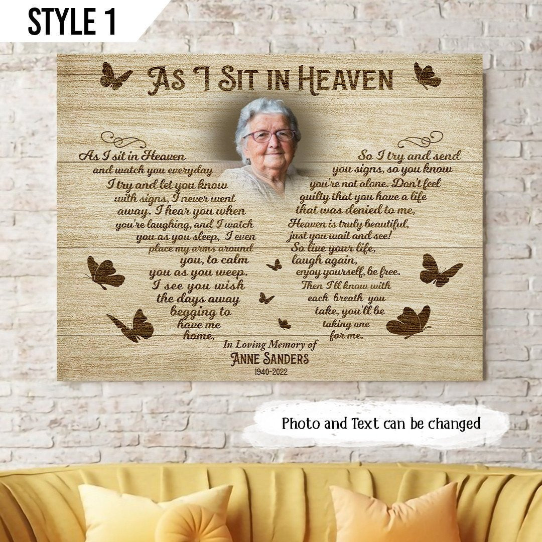 As I Sit In Heaven Sympathy Poem For Loss | Custom Memorial Canvas Print | Butterfly Shape