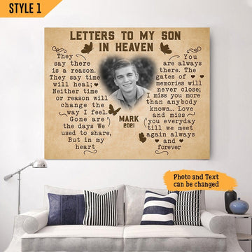 Letters To My Son In Heaven Sympathy Poem For Loss Of Son | Custom Memorial Canvas Print | Butterfly Shape