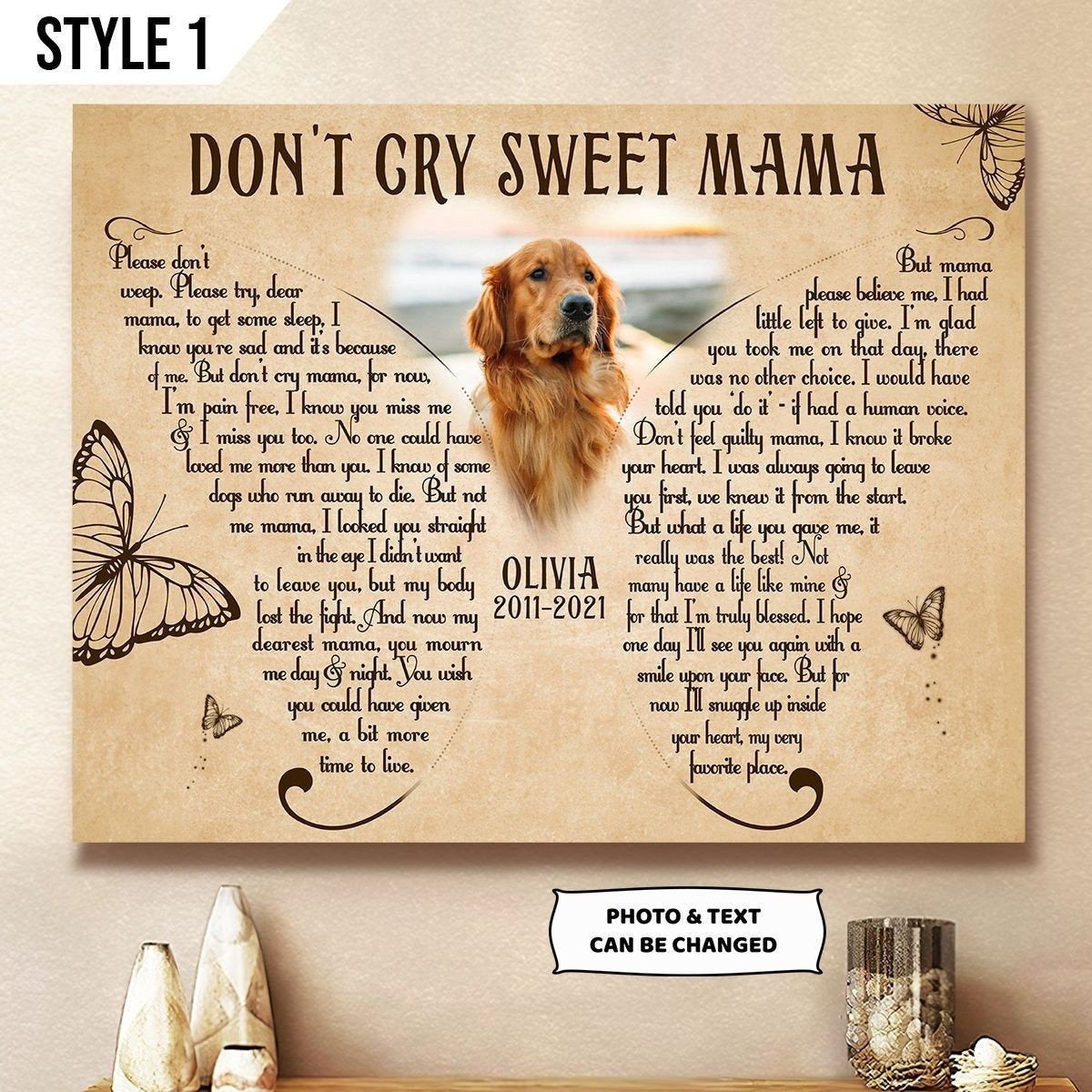 Don't Cry Sweet Mama Dog Poem | Custom Dog Memorial Canvas Print | Butterfly Shape